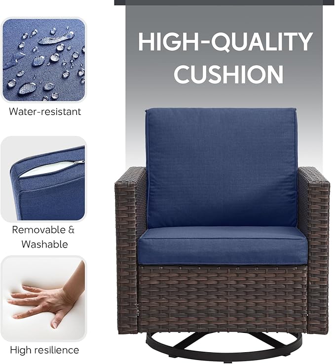 Outdoor Swivel Rocker Chairs Set of 4 with Fire Pit Table - 5 Peice Wicker Patio Furniture Set Conversation Set with 50,000 BTU Fire Pit for Deck Backyard - Brown Wicker Blue Cushion