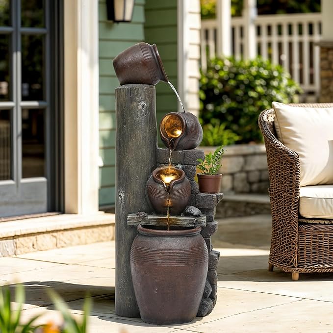 40" H Overszied Outdoor/Indoor Water Fountain with LED Lights and Pump, Cascading Pitchers Farmhouse Garden Fountain Waterfall for Patio, Porch, or Yard