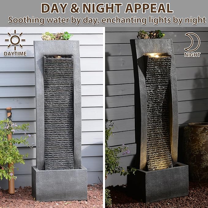 Outdoor Water Fountain, 49.2" Tall Freestanding Fountain with LED Lights & Pump - Curved Faux Slate Waterfall Feature for Garden/Patio/Backyard, Resin Fiberglass Indoor Outdoor Floor Standing Fountain