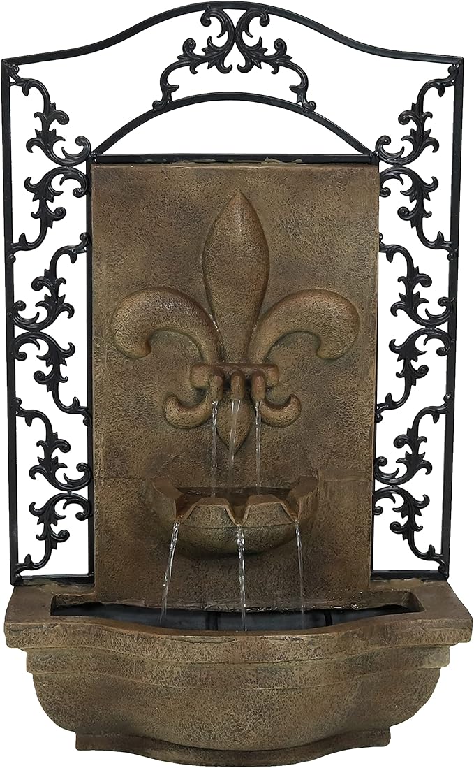 Sunnydaze 33" Outdoor Wall Water Fountain with Pump and Panel - Florentine Finish - French Lily - Solar-Powered