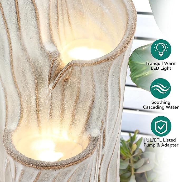 32" H Ceramic Outdoor Water Fountain with LED Lights, 3-Tier Cascading Sphere Water Feature, Tranquil Waterfall for Relaxing Garden, Patio, Yard, or Porch, Beige Glaze, Dynamic Wave-Texture