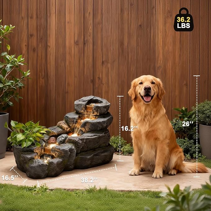 38.2" L Garden Outdoor Water Fountain 5 Tiers Floor Standing Rock Natural Waterfall Outdoor Fountains with LED Lights and Planting Pot for Patio, Porch,Backyard,Home Art Decor