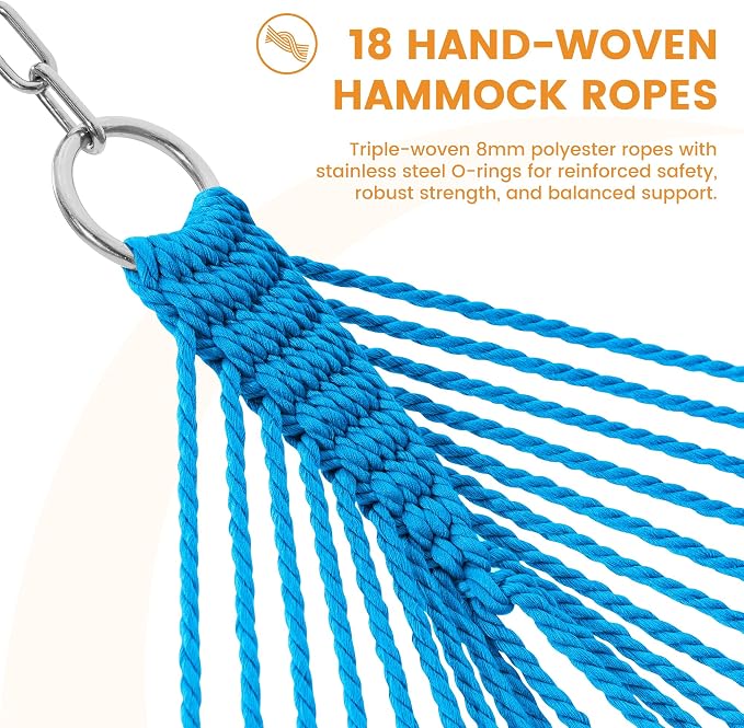 Lazy Daze Hammocks 10.5 FT Double 2 Person Caribbean Rope Hammock, Hand Woven Polyester Hammock with Spreader Bars, for Outside Outdoor Backyard Patio Poolside, 450 LBS Capacity, Rainbow - Image 4
