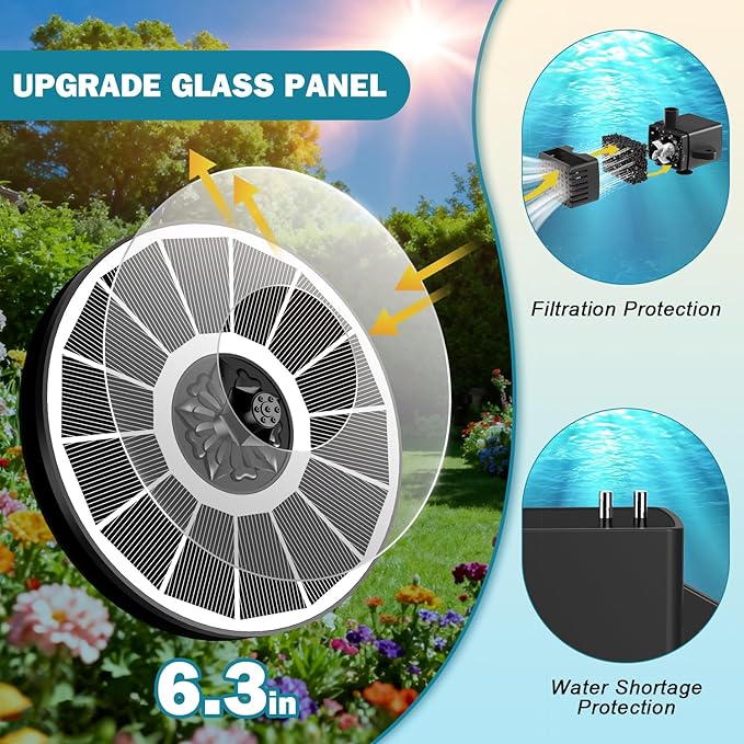 SZMP Solar Bird Bath Fountains Spraying Water in The Shadow, Solar Water Fountain Pump Outdoor Garden 3.5W White Glass Panel with 2000mAh Battery Replaceable Nozzles