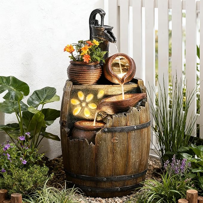 29" H Outdoor Water Fountain Pump and Barrel,4 Tiered Rustic Wood Barrel Cascading Waterfall Fountains Outside Feature with LED Lights for Garden, Patio, Porch, Backyard Decor