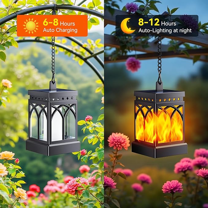 KOOPER 4 Pack Solar Lanterns Outdoor Waterproof, Upgraded Flickering Flame Modes + Constant Modes Hanging Solar Lantern Lights for Outside, Lanterns Decorative Outdoor for Garden Table Yard Tree Decor
