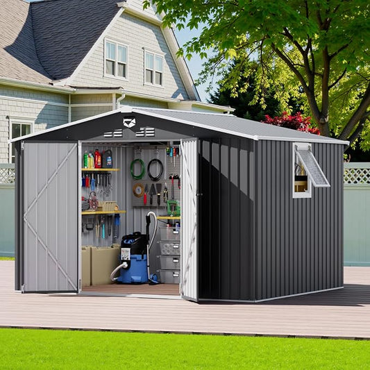 10x8 FT Outdoor Storage Shed, Metal Garden Shed - Tool Storage Sheds with Lockable Doors & 1 Vented Clear Window, Waterproof Outside Storage Building for Backyard, Patio (Black; Floor Not Included) by BENASS