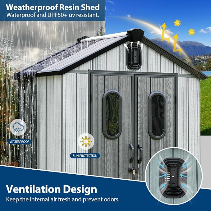 Domi 5x3Ft Resin Outdoor Storage Shed, Small Plastic Garden Shed with Carpet, Outside Weatherproof Storage Building for Tools, Bike, Lawn Mower, Patio, Backyard - Image 3