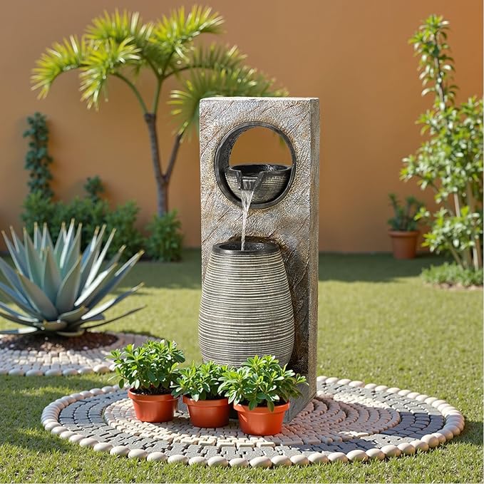 YOLENY Tall Outdoor Fountain with LED Lights, 39.7'' H Water Fountain Modern, Outdoor Freestanding Fountains for Garden Yard Home Decor