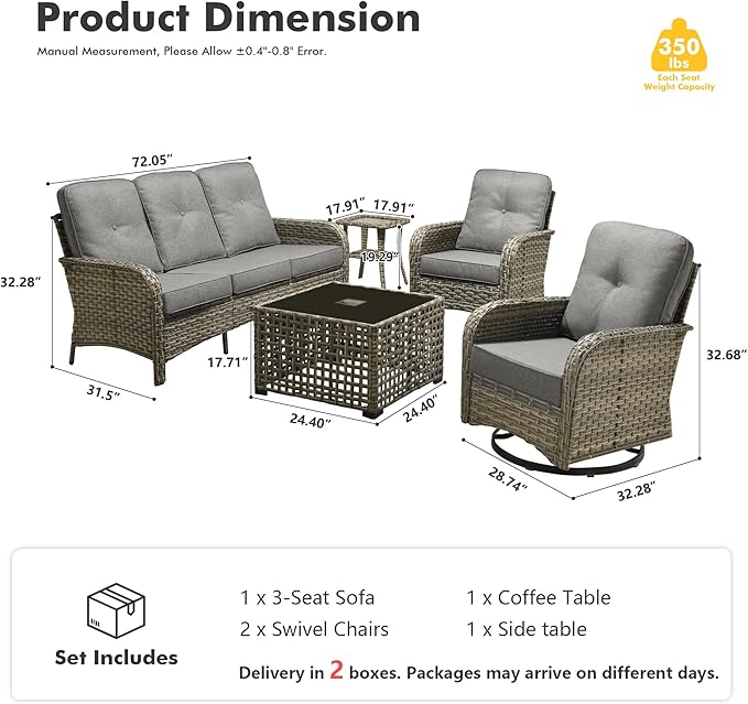 HOOOWOOO Outdoor Patio Furniture Set with Light Table,5 Pieces Wicker Conversation Set,All Weather High Back Couch Sofa Swivel Chairs Set,Charcoal Gray
