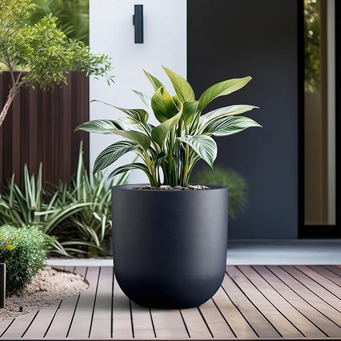 Kante 16.5" Round Concrete Planter, Large Cylinder Plant Pot with Curved Bottom and Drainage Hole, for Indoor and Outdoor Use – Garden or Patio, Charcoal Finish with Painted Interior