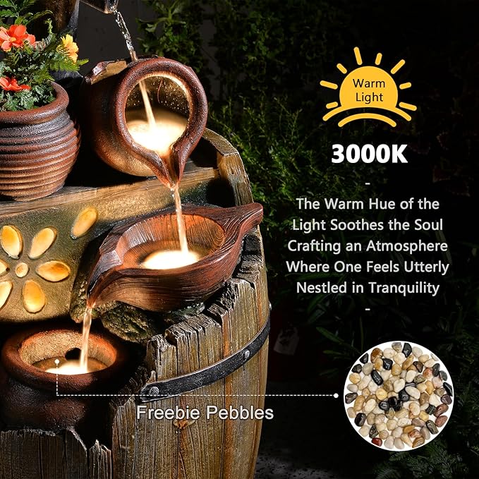 Water Fountain Outdoor 29" H Outside Floor 3 Tiered Rustic Barrel with Light, Pump for Garden, Patio, Deck, Porch, Backyard Home Decor