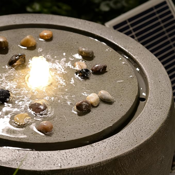 Solar Water Fountain Outdoor Garden Bubbler Water Feature Fountains Solar Powered with Pebbles for Patio Deck Yard Home Decor Gray, 18 "L x 18" W x 11.5" H