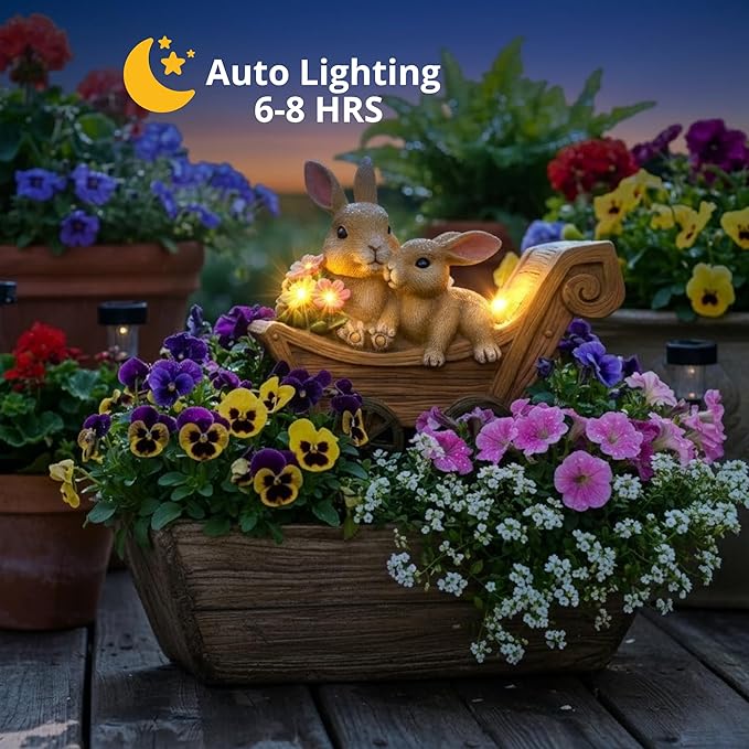 PRETMANNS Solar Rabbit Garden Statue - Mother & Baby Bunny Outdoor Decor with LED Lights for Patio, Yard Ornament & Gifts for Women & Mom - Medium