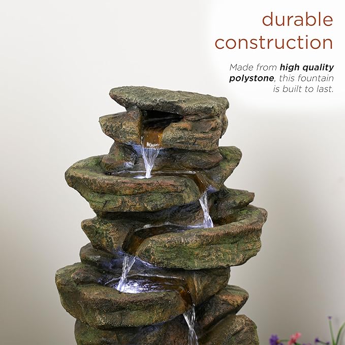 Alpine Corporation 20" H Outdoor Multi-Level Rock Floor Fountain with LED Lights, Brown