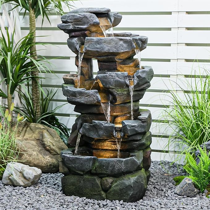 6-Tier Cascading Rock Water Fountain Outdoor Resin Stone Imitation Waterfall with LED Lights, Indoor/Outdoor Decor for Garden, Patio, Backyard, Porch and Home Art Decor