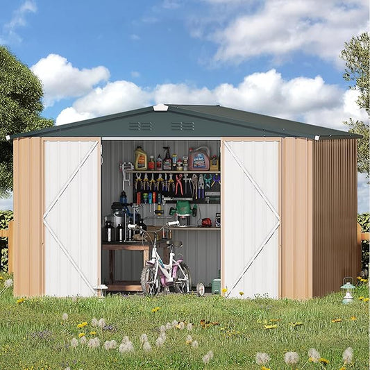 AECOJOY 8' x 10' Outdoor Storage Metal Shed, Steel Yard Garden Sheds & Outdoor Storage Clearance with Design of Lockable Doors, Utility and Tool Storage for Garden, Backyard, Patio, Outside use by AECOJOY