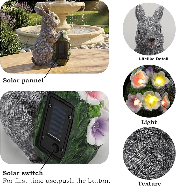 PETAFLOP Solar Garden Rabbit Statue Decor, Easter Bunny Figurine with Flower Lights for Yard, Patio, Pathway, Lawn, Patio, Balcony