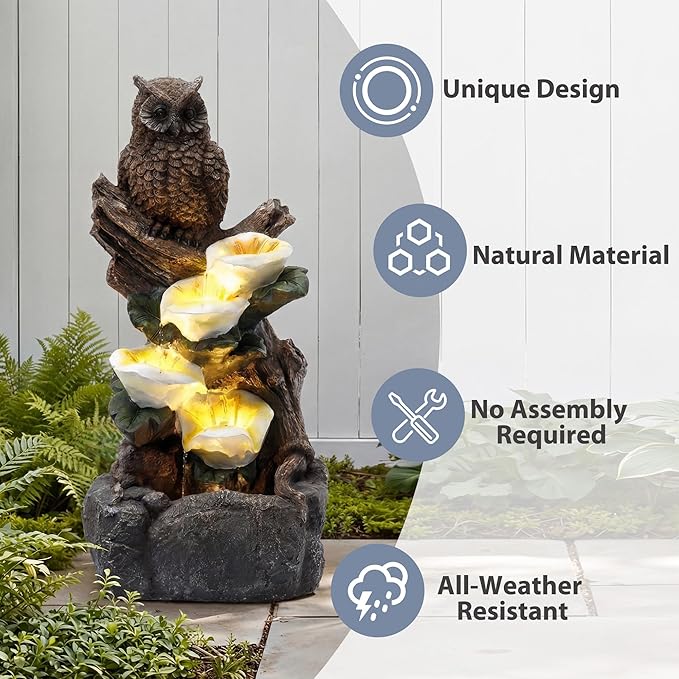 28.3" Tall Outdoor Water Fountain, 4 Tier Cascading Bowls and Stacked Water Fountain with LED Lights, for Yard Décor, Backyard, Patio and Deck (28.3'')
