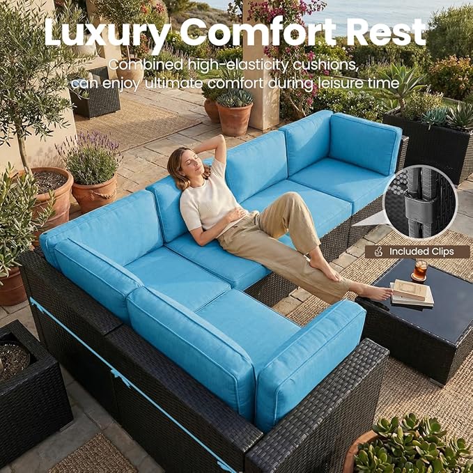 15 Pieces Patio Furniture Set with 44" Propane Gas Fire Pit Table, Outdoor Sectional Wicker Conversation Sofa Sets with Coffee Table