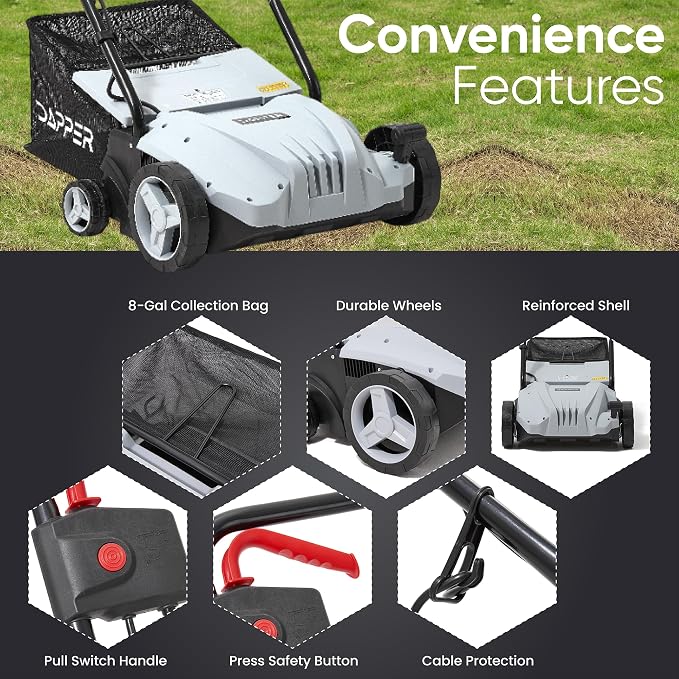 13-Inch 2-in-1 Electric Dethatcher and Scarifier Lawn Dethatcher with 8-Gallon Removable Thatch Collection Bag, 4-Position Depth Adjustment, 12 Amp, Quick-Fold, Keeps Lawn Healthy - Image 7