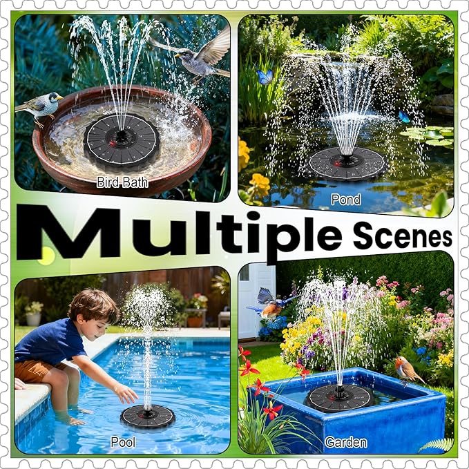Yzert Solar Fountain with 2000mAh Battery & Innovative Indicator Works in Cloudy Day, 3.5W 2026 Glass Solar Water Fountain Pump Flower Shape with 7 Nozzles for Bird Baths, Pools, Outdoors (Black)