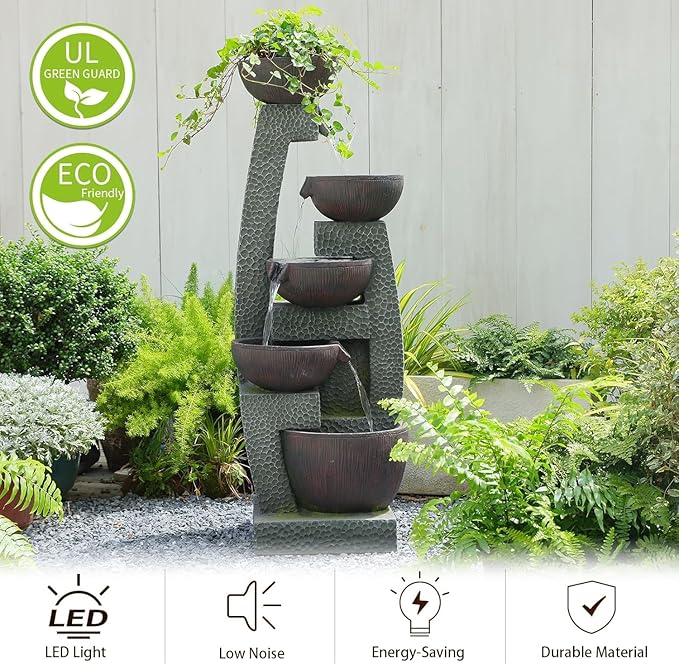 47.4" Large Outdoor Water Fountain with Planter Top & LED Lights, 5-Tier Cascading Garden Water Fountain, Modern Patio Waterfall Feature for Backyard, Patio & Lawn, Indoor & Outdoor Decor
