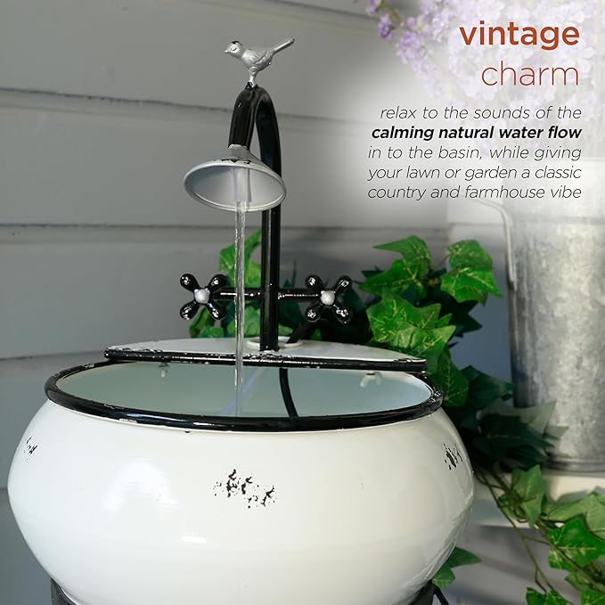 Alpine Corporation YHL170 32” Indoor/Outdoor Antique Metal Sink Water Fountain with Stand – Charming Waterfall Feature for Garden, Patio & Home Decor, White