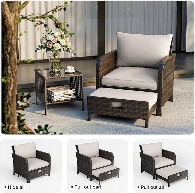 LEVELEVE Patio Conversation Set 5 Piece, Balcony Furniture Outdoor PE Rattan Wicker Lounge Chairs with Soft Cushions, 2 Ottomans & Glass Table for Porch Lawn, Brown (Beige Cushions