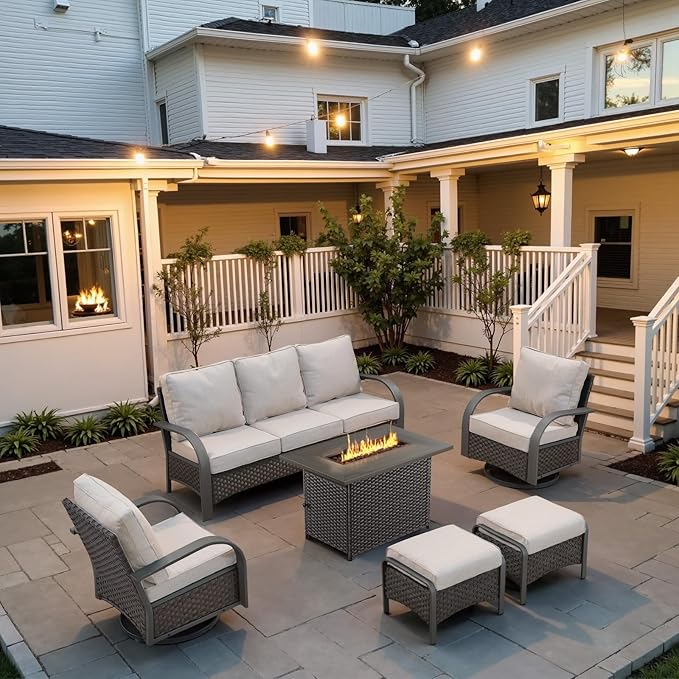 Belord Patio Furniture Set with Fire Pit Table - 50000 BTU Propane Fire Pit, 6 Piece Outdoor Conversation Furniture Sets with 2 Swivel Rocker Chair Rattan Sofa Perfect for Casual Gathering