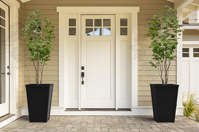 Keter Set of 2 Modern 22‑Inch Tall Outdoor Flower Pots – Large Resin Tapered Planters for Outdoor Plants, Front Porch & Patio Decor, Wood‑Look Design, Graphite