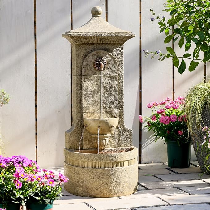 Outdoor Wall Fountain with LED Lights, 42.91” H Freestanding Garden Water Fountain, Large Floor Standing Patio Waterfall Feature, European Resin Flat Back Yard Courtyard Porch Déco