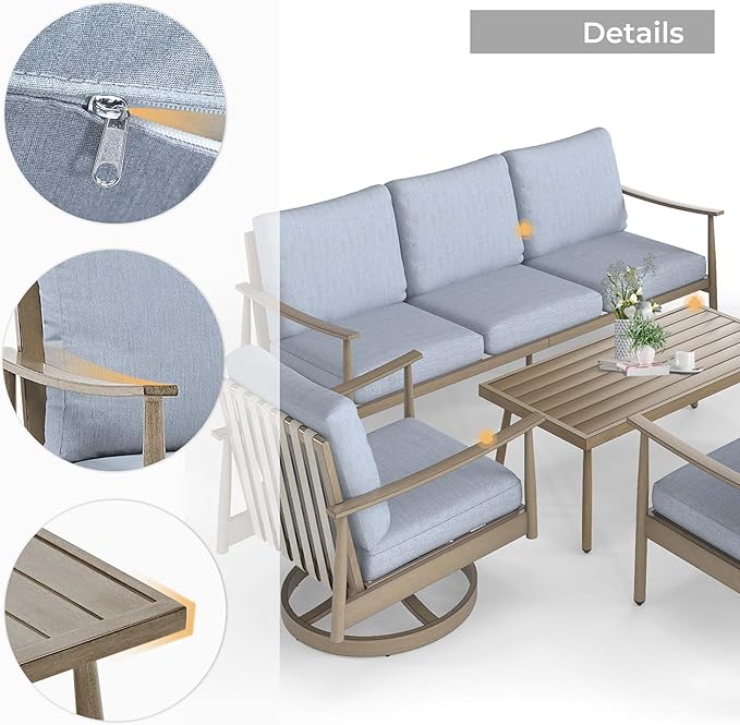 HAPPATIO Outdoor Furniture Set - 5 Piece Aluminum Patio Conversation Set with 1 Coffee Table, 2 Swivel Chairs, Loveseat and 3-Seat Sofa, Aluminum Patio Furniture Set for Backyard Deck Poolside (Brown)