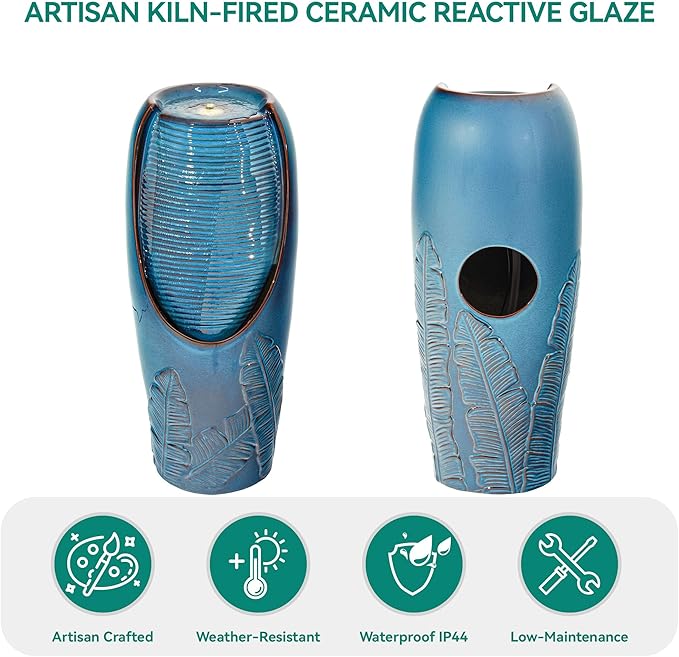 32" H Outdoor Garden Fountain with LED Lights, Modern Ceramic Jar Water Feature, Tropical Leaf Embossed Pattern, Teal Blue Glaze, Soothing Cascading Waterfall for Patio, Yard, Porch