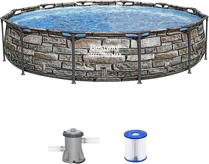 Bestway Steel Pro MAX 12' x 30" Above Ground Pool, Round Metal Frame Outdoor Swimming Pool Set with Filter Pump & Type I Cartridge, Stone Print by Bestway