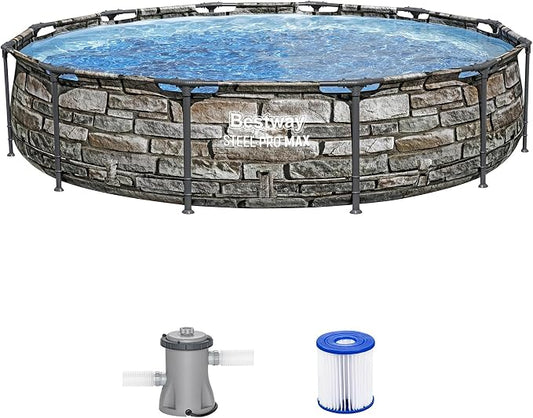 Bestway Steel Pro MAX 12' x 30" Above Ground Pool, Round Metal Frame Outdoor Swimming Pool Set with Filter Pump & Type I Cartridge, Stone Print by Bestway