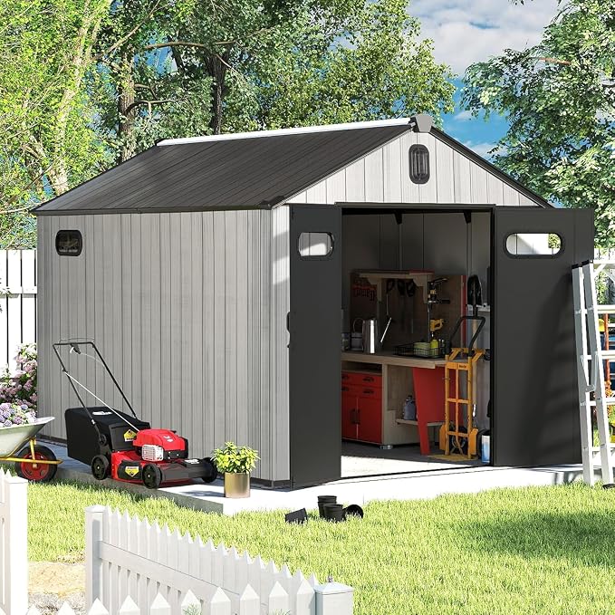 Domi 8X12FT Resin Outdoor Storage Shed, Plastic Garden Shed with Carpet, All Weather Outside Storage Building for Lawn Mower, Tools, Bike, Backyard by domioutdoorliving