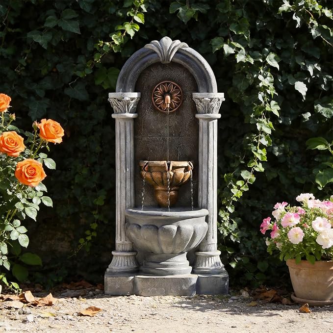 Wall Fountain Outdoor with LED Lights, 33.36” H Freestanding Garden Outdoor Water Fountain, Large Floor Standing Patio Outdoor Water Fountain, European Resin Flat Back Yard Courtyard Porch Déco