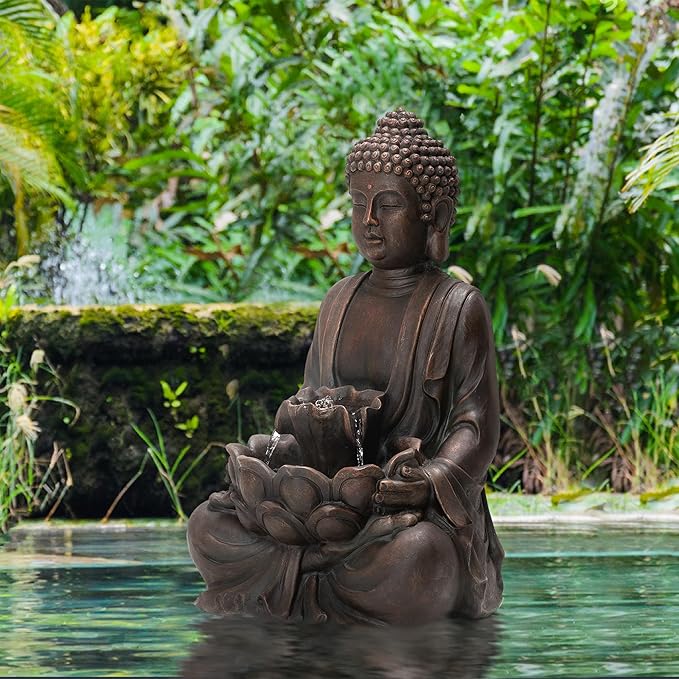 Glitzhome Buddha Fountain with Pump & LED Light, 2 Tier Zen Style Meditating Buddha Water Fountain Outdoor Fountains and Waterfalls Outdoor Buddha Statues for Garden Patio Backyard 28.25" H