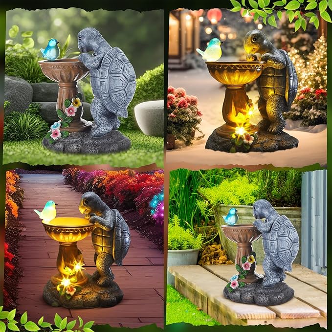 Turtle Birdbath Outdoor Garden Decor 10.25 Inch Solar Bird Turtle Statues Ornaments with Succulent and Solar LED Lights for Outside Decorations Yard Art Lawn Porch Patio Housewarming Gifts