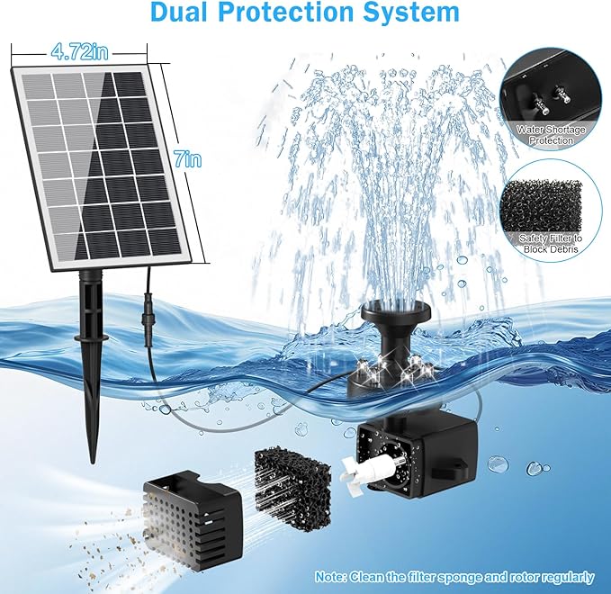 Solar Fountain Pump with Adjust Glass Panel, Upgrade 3.5W Solar Water Pump with Stake, 16.4ft Cable, 2000mAh Battery, Colorful Lights, Solar Powered Fountain Kits for Bird Bath, Hummingbird