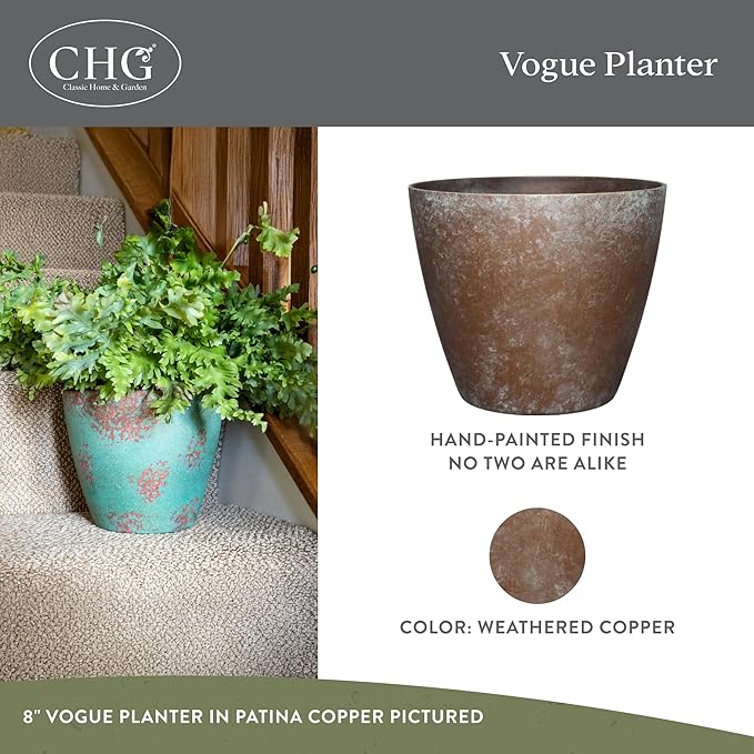 Classic Home and Garden Vogue Planter Pots w/Pottery Quality Finish - Modern Indoor & Outdoor Flower Pots - UV-Resistant Porch Planters - Decorative Pot for Flowers & Herbs (8?€? Weathered Copper)