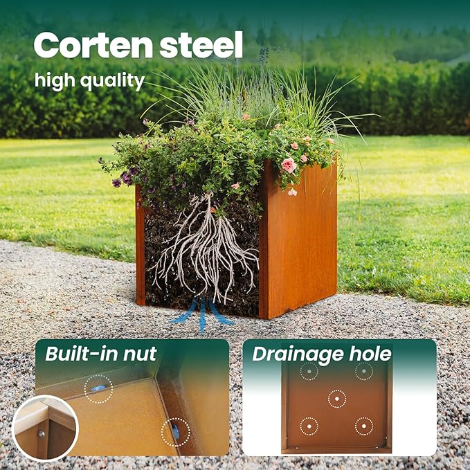 Corten Steel Planter Metal Square Planter 28 Inch Corten Planter Box Tall Cube Rustic Steel Planters for Outdoor Commercial Residential Garden Patio and Backyard