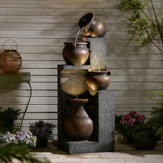 Resin Outdoor Water Fountain 4-Tier Jar Waterfall - Quiet Pump, LED Lights, Rustic Jar Cascading Water Feature for Garden Patio Backyard Decor, 53" H Fountain, Grey