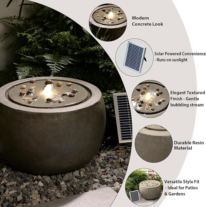 Solar Water Fountain Outdoor Garden Bubbler Water Feature Fountains Solar Powered with Pebbles for Patio Deck Yard Home Decor Gray, 18 "L x 18" W x 11.5" H
