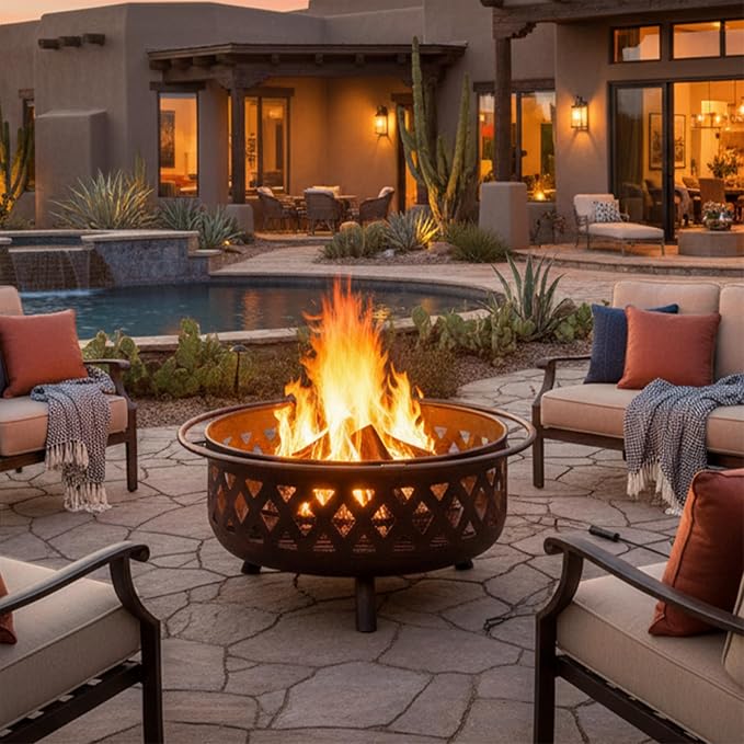 Sunnydaze Crossweave Outdoor Fire Pit - Wood-Burning Fire Pit for Outside with Spark Screen, Poker and Round Cover - 36-Inch - Bronze - Image 9