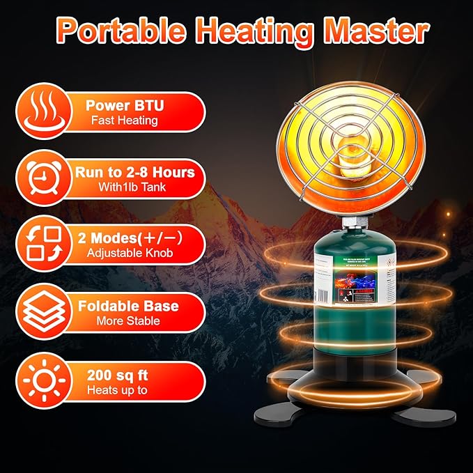 Portable Propane Heater for Camping, Outdoor Space Tent Heater, Cordless Patio Heaters with Self Igniter, Control Valve, Foldable Gas Tank Holder, Ideal Garage Hiking Ice Fishing Hunting Buddy