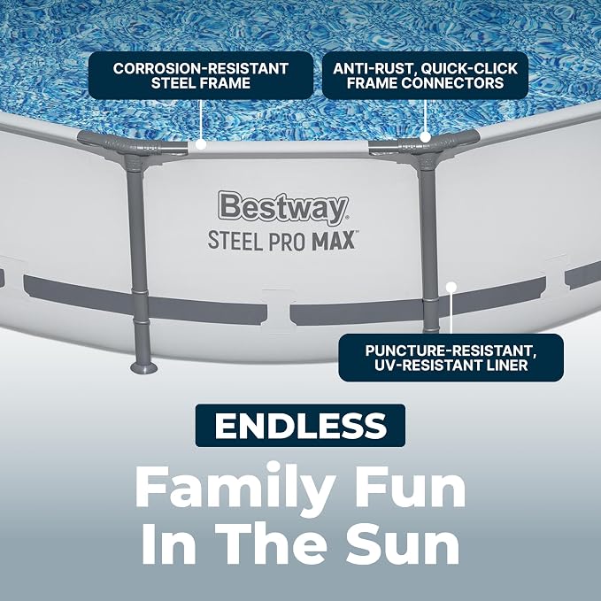 Bestway Steel Pro MAX 14' x 33" Round Above Ground Swimming Pool Set, 530 GPH Filter Pump, Tritech Puncture Resistant Liner, ClickConnect Steel Frame, Gray - Image 7