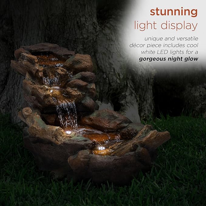 Alpine Corporation TZL288 Indoor/Outdoor Cascading Stone River Waterfalls Floor Fountain with LED Lights, 40 inches Long, Brown
