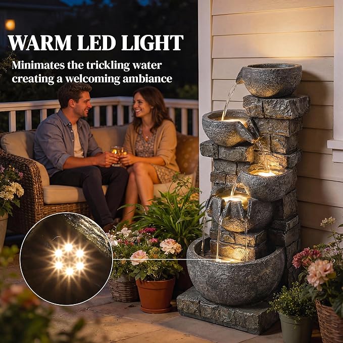 Outsunny 31.5" Tall 5 Tiers Outdoor Water Fountain, Waterfall Fountain with Warm LED Lights, Outdoor Cascading Water Feature for Garden Patio Backyard Porch Home Decor, Stone Gray